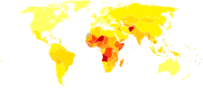 Мапа світу з великою кількістю темно-червоних зон в Африці, оранжевими зонами в Азії та Південній Америці, а також жовтими зонами у Європі та Північній Америці