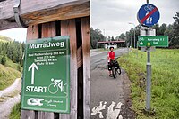 Začetek in konec (pri Gederovcih) kolesarske poti ob reki Muri (Murradweg)