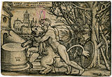 Hercules zabijí nemejského lva (jeho luk visí na stromě)