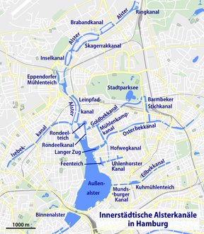 Kaart van die Alster in Hamburg.