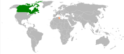 Map indicating locations of Canada and Tunisia