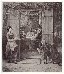משפחה יהודית יושבת בסוכה- ציור של מוריץ דניאל אופנהיים, 1867