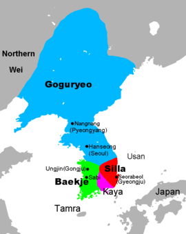 Karte der vier Reiche auf der Koreanischen Halbinsel am Ende des 5. Jahrhunderts