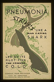 En plakat med en haj midt på. Teksten midtpå betyder: "Lungebetændelse rammer som en menneskeædende haj, og dens forløber er forkølelsen."