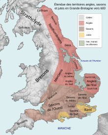 Carte montrant l'étendue des conquêtes anglo-saxonnes en Angleterre au début du septième siècle.