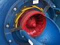 Turbina Francis com dutos (em azul) parcialmente removidos, mostrando o rotor (vermelho) e as pás estáticas (amarelo) ajustadas para fluxo mínimo.