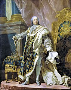Louis XV, roi de France et de Navarre où Louis XV porte Joyeuse à la ceinture (tableau de Louis-Michel van Loo, 1760).