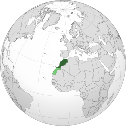 Location of Morocco in northwest Africa Dark green: Undisputed territory of Morocco Lighter green: Western Sahara, a territory claimed and occupied mostly by Morocco as its Southern Provinces[note 1]
