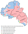 Етническа карта на Харгита, Ковасна и Муреш от 2002 г., показваща райони с унгарско мнозинство.