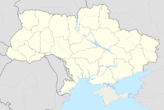 Mapa konturowa Ukrainy, po lewej nieco u góry znajduje się punkt z opisem „Złoczów”