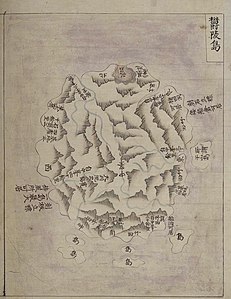 廣輿圖 (Gwang Yeodo,1737-1776) Эта карта показала Уллындо с маленьким островом с его восточного берега, обозначенным как «так называемый «Усандо»,(所謂 于山島).