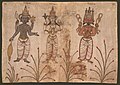 Illustrazione delle tre principali divinità dell'Induismo: Sciva, Visnù (i primi due erroneamente confusi) e Brahmā.