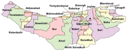 Location of Miandorud County in Mazandaran province (right, pink)
