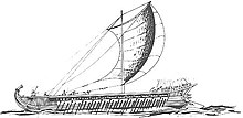 sketch of an ancient Greek sailing trireme with the sail extended