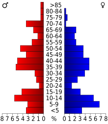 Schéma représentant la population du comté, par tranche d'âge. En rouge, à gauche, les femmes, en bleu à droite, les hommes.