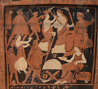 Placa votiva on es representen homes i dones celebrant conjuntament els Misteris d'Eleusis (Ἐλευσίνια Μυστήρια) en honor de la deessa Demèter celebrats a Eleusis, c. segle iv aC
