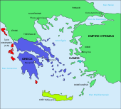 Carte représentant une Grèce dont le territoire atteint un tiers de celui d'aujourd'hui.