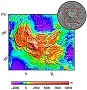 Imaxe xerada por computadora de Ishtar Terra, cos Maxwell Montes preto do centro, en Venus