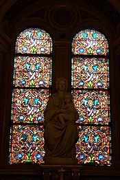 Abstract Lower central window in Chapel of the Virgin, by Paul Nicod