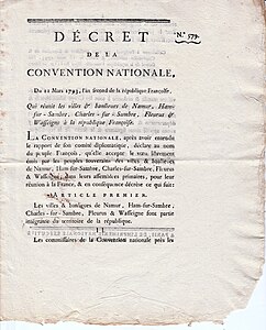 Décret du 11 mars 1793 de la Convention nationale qui réunit la ville de « Charles-sur-Sambre » à la République française.