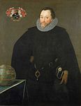 Sir Francis Drake bär Drake Pendant en medaljong med en kamé föreställande drottningen. Gheeraerts the Younger, 1591.