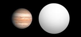 WASP-1b（右）と木星（左）のサイズ比較