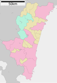 Mapa konturowa prefektury Miyazaki, u góry po prawej znajduje się punkt z opisem „Nobeoka”