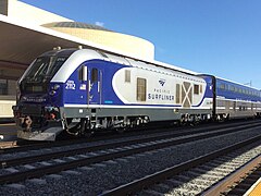 A Pacific Surfliner Siemens Charger locomotive at L.A. Union Station in 2022.