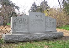 Large grey granite monument with three sections engraved with names of Hewitt and Massey family members