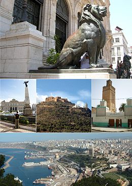 Trên, hai Sư tư của Atlas (biểu tượng của Oran), Giữa, Cung điện 1 tháng 11, pháo đài & nhà thờ nhỏ Santa Cruz, nhà thờ Hồi giáo Bey Othmane, Dưới, cảnh quan chung