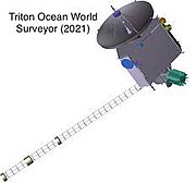 A gray hexagonal prism-shaped space probe with a large communications antenna, two radioisotope thermoelectric generators marked in green and long magnetometer boom, intended for orbit around Neptune