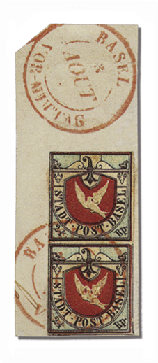 Вертикальная сцепка «Базельской голубки» с ошибкой «Haube auf Taube» и почтовым штемпелем «BASEL 3 AOUT VOR-MITTAG» — единственным известным гашением «до обеда» («VOR-MITTAG»). Продана на 96-м аукционе Corinphila в марте 1997 года за &&&&&&&&&0170000.&&&&&0170 000 швейцарских франков