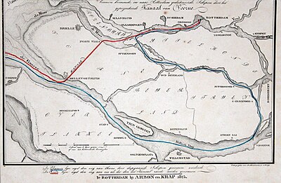 Geschetste kaart uit 1825. Deze toont de enorme omweg die zeeschepen toen moesten maken.