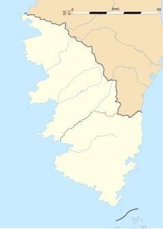 Mapa konturowa Korsyki Południowej, po lewej znajduje się punkt z opisem „Ajaccio”
