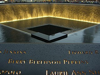 The North Reflecting Pool at the National September 11 Memorial and Museum at dusk, World Trade Center, New York