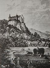 Burg und Dorf Egloffstein auf einem Holzstich von E. Hofmann (um 1880)