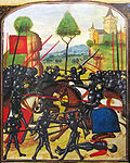 La bataille de Barnet, miniature extraite de l'Histoire de la rentrée victorieuse du roi Édouard IV en son royaume d'Angleterre, 1471, bibliothèque de l'université de Gand, HS.236, f.1.