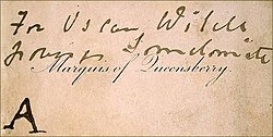 A rectangular calling card printed with "Marquess of Queensberry" in copperplate script.