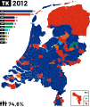 Муниципалитеты (тёмно-синий цвет), выигранные PVV на выборах 2012 года
