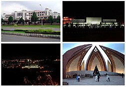 Clockwise from top: Faisal Mosque, Serena Hotel, Parliament House, Pakistan Monument, Night view of Islamabad, and Prime Minister's Secretariat