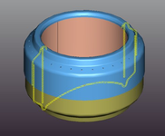 Una vista 3D di un fornello per lattine con una sezione trasversale in giallo.