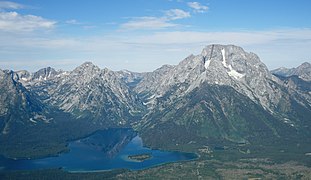 Mount Woodring, left of center, between Paintbrush Canyon and Leigh Canyon, with Mount Moran to the right