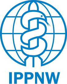 A blue line illustration of a missile intertwined with a serpent imposed on a blank globe. Below it are the capital letters "I P P N W".