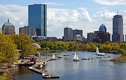 Skyline of Back Bay, seen from the Charles River, featuring Boston's two tallest buildings, the John Hancock Tower (left) and the Prudential Tower (right)
