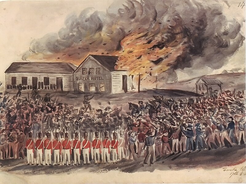 File:Doudiet Eureka Riot - Burning of Bentley's Hotel 1854.jpg