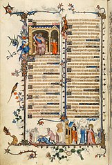 Jean Pucelle, Breviarium, 1323-1326. Ondermarge heeft religieuze motieven maar niet in verband met het hoofdthema; de drôlerieën ontbreken niet.