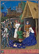 Шарл VII, изобразен като един от влъхвите, заедно с дофина Луи предава дарове на Христос худ. Жан Фуке