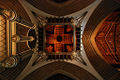 The interior of the chapel from under the tower, looking towards the roof, with the former organ on the left