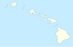 Mapa konturowa Hawajów, blisko prawej krawiędzi na dole znajduje się punkt z opisem „Hilo”, natomiast u góry znajduje się punkt z opisem „Honolulu”