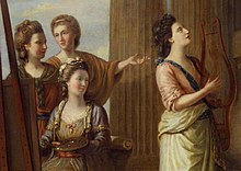 Détail d'un tableau, montrant quatre femmes en costumes d'inspiration classique devant une colonne.